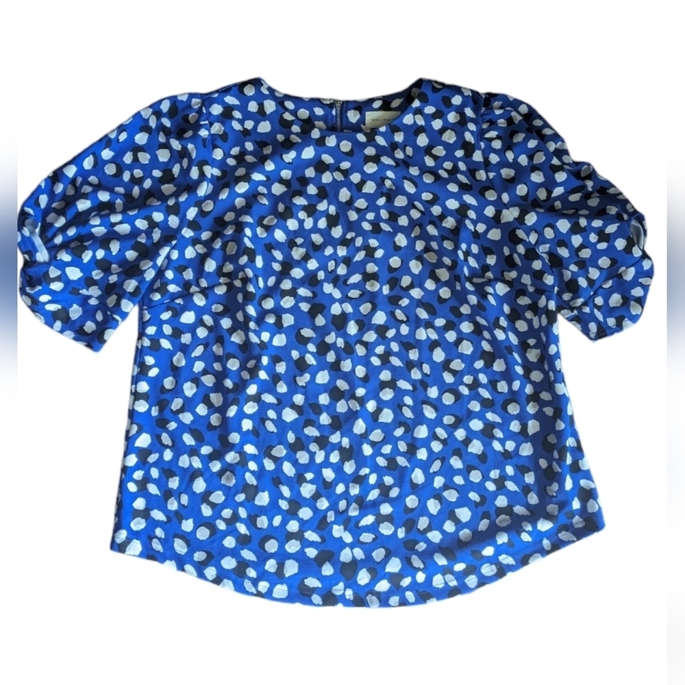 Melloday Blue Abstract Print Blouse 1X Plus Size Puff Sleeve Lightweight Chic